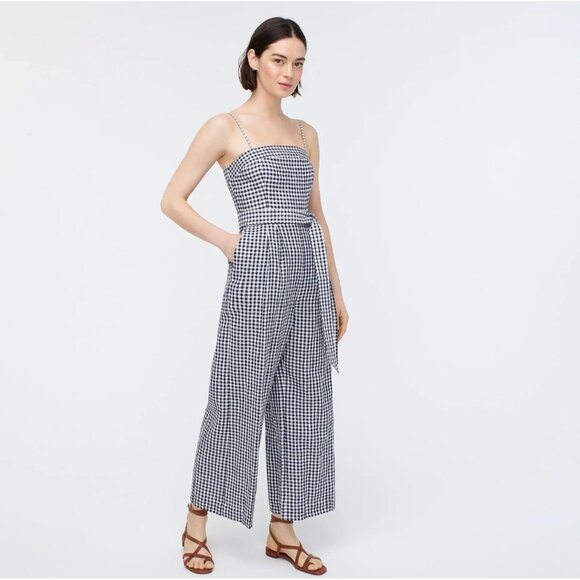 NWT J.Crew Tie-waist Linen Jumpsuit in Navy White Gingham Belted 1-Piece 4 - Picture 2 of 14